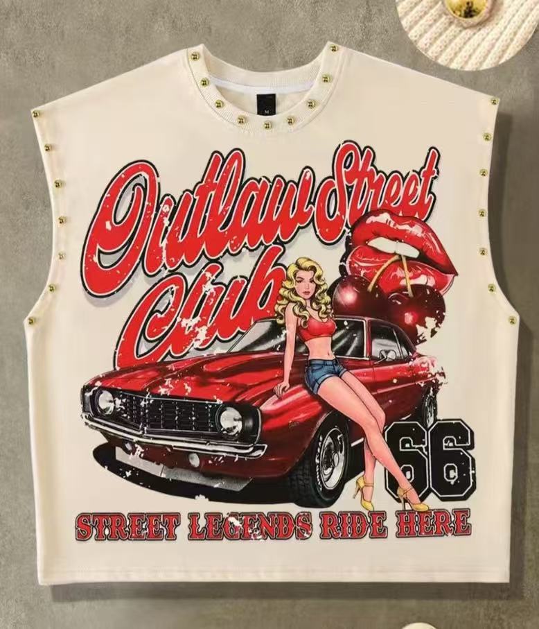 Vintage Retro Graphic Rivet Cut‑Off Sleeveless Tank Top Multi‑Style