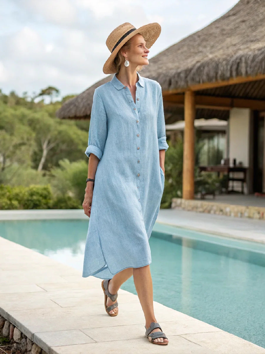 Women's Boho Vertical-Striped Button-Front Slit Maxi Beach Dress