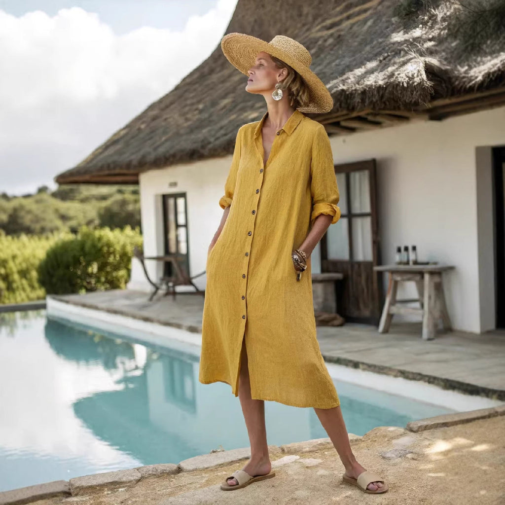 Women's Boho Vertical-Striped Button-Front Slit Maxi Beach Dress