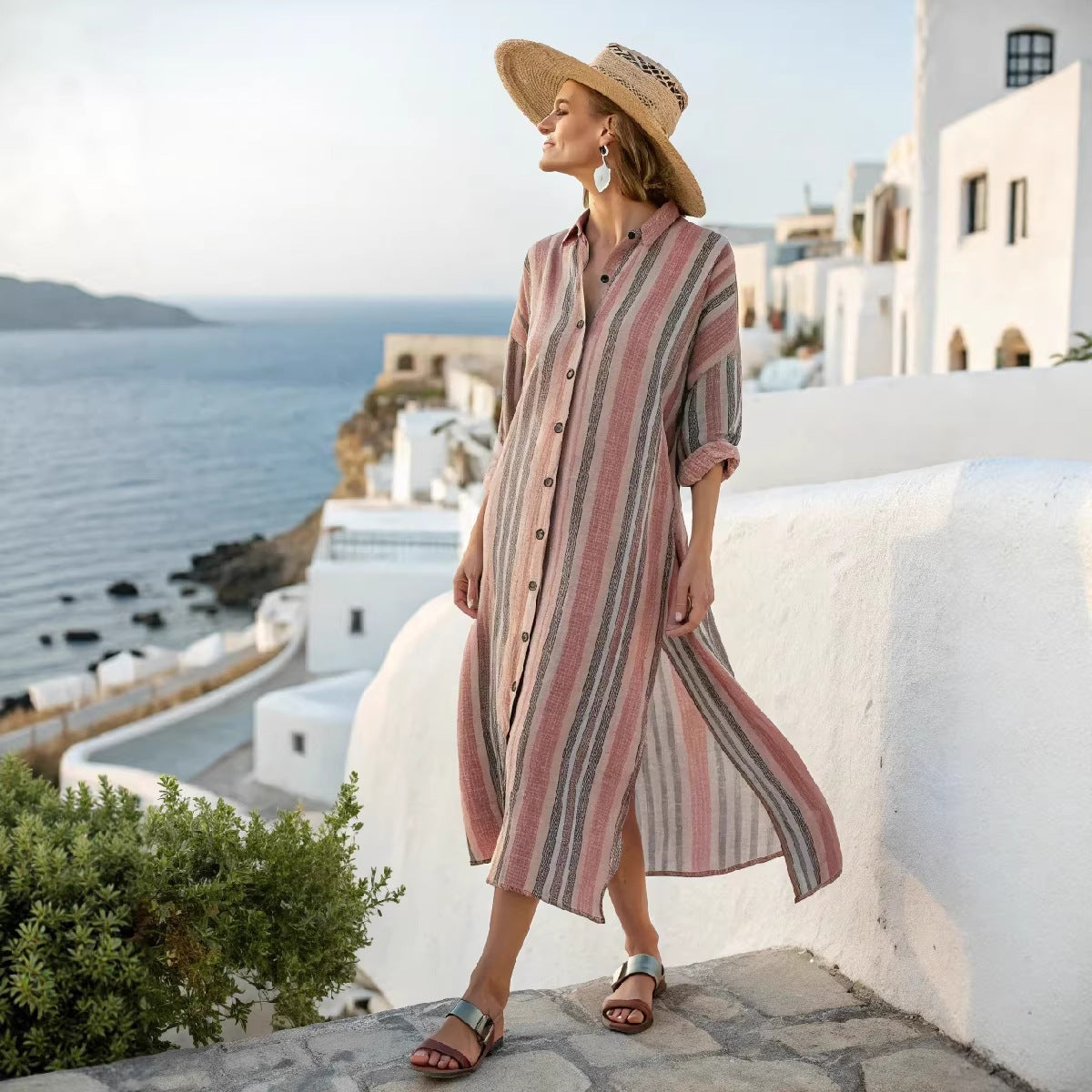 Women's Boho Vertical-Striped Button-Front Slit Maxi Beach Dress