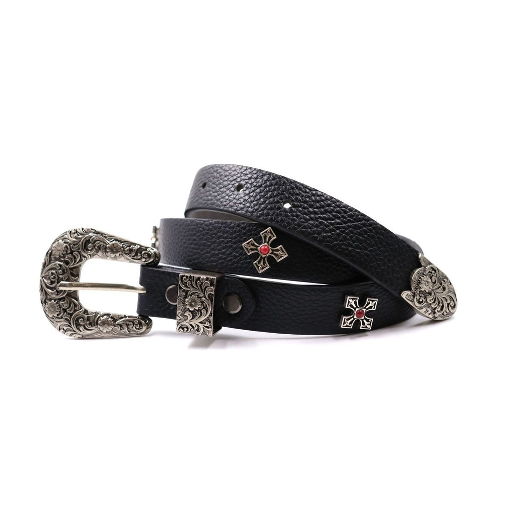 COMPLETE99% Cross Multi-color Stone Daisy Engraved Leather Waist Belt