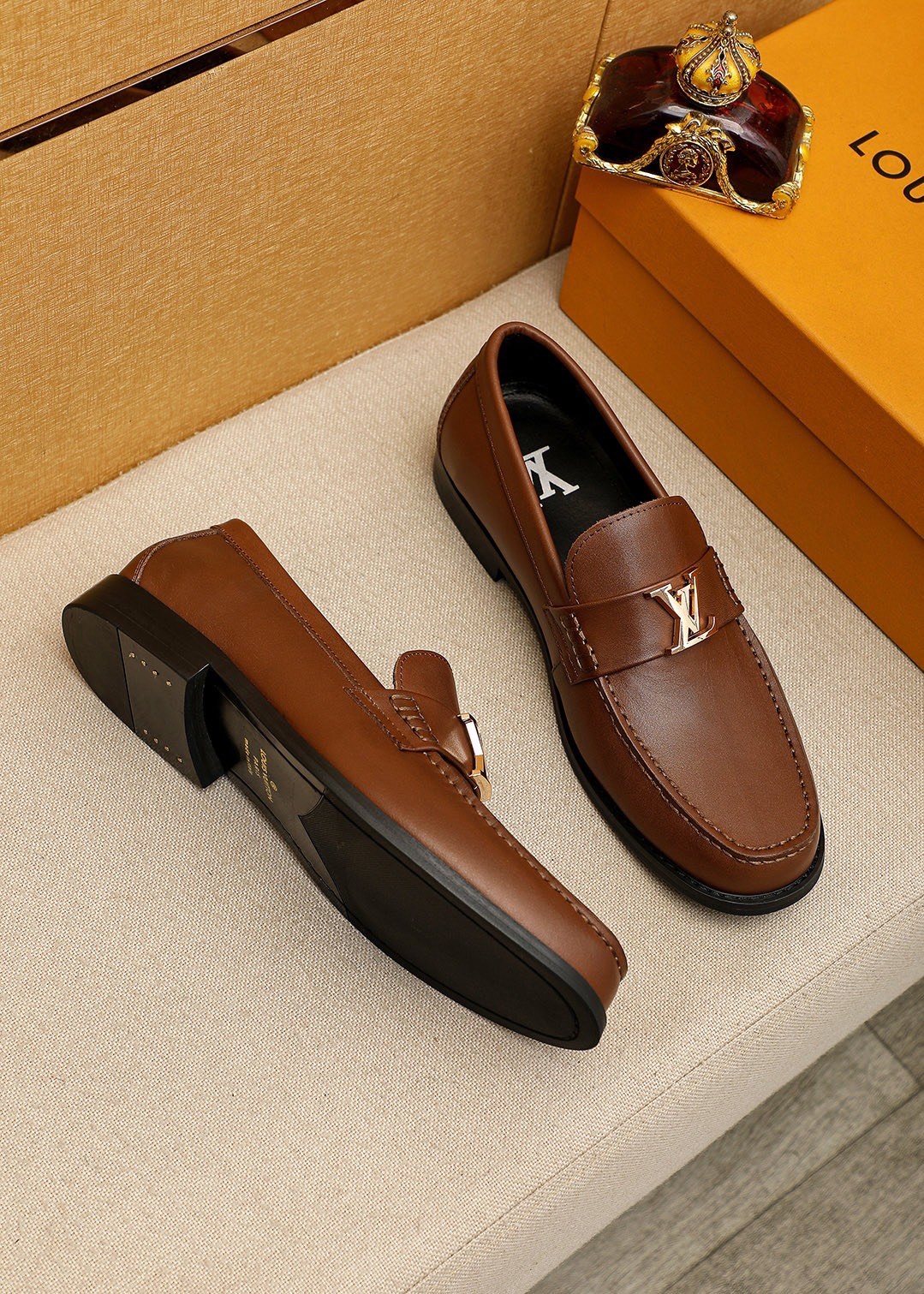 LOUIS VUITTON Brown Metal Hardware Loafers