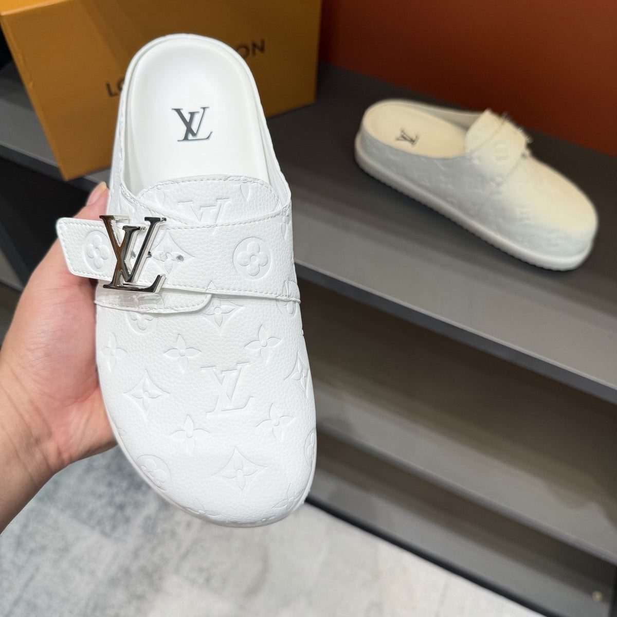 Louis Vuitton White Embossed Slide Sandals