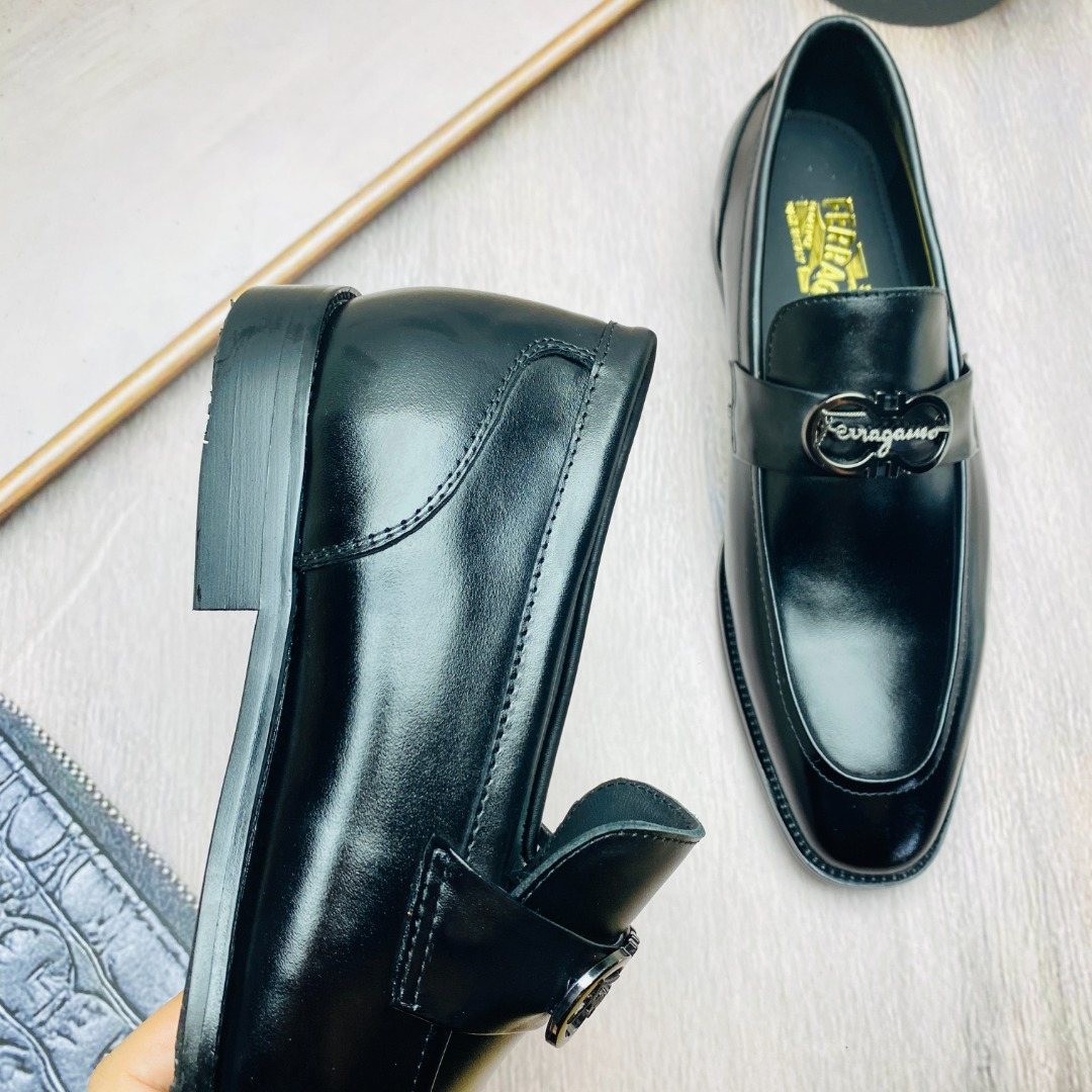 Ferragamo Black Metal-Accent Loafers