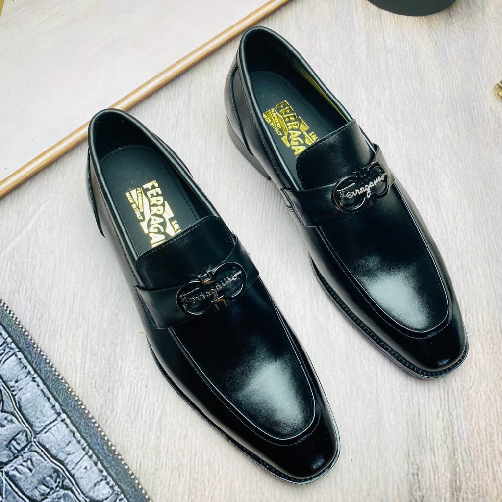 Ferragamo Black Metal-Accent Loafers