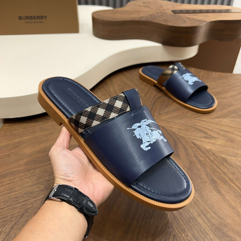 Burberry Plaid-Trim Slide Sandals